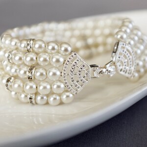 Bridal Pearl Rhinestone Bracelet Crystal Bracelet White Gold Filled Crystal Clasp Wedding Jewelry White or Ivory Pearl BL075LX