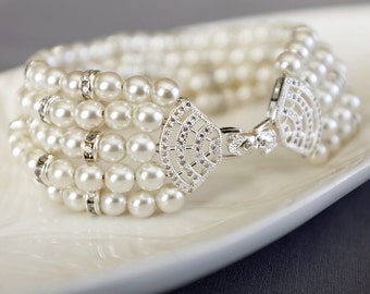 Bridal Pearl Rhinestone Bracelet Crystal Bracelet White Gold Filled Crystal Clasp Wedding Jewelry White or Ivory Pearl BL075LX