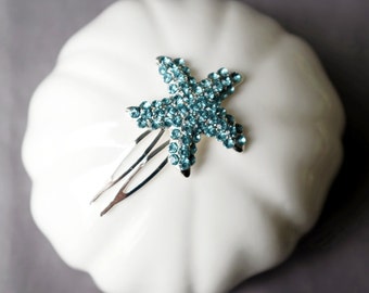 Aqua Blue Bridal Rhinestone Hair Comb Crystal Starfish Hair Comb Hair Clip Wedding Hair Accessories Beach Wedding CM098LX