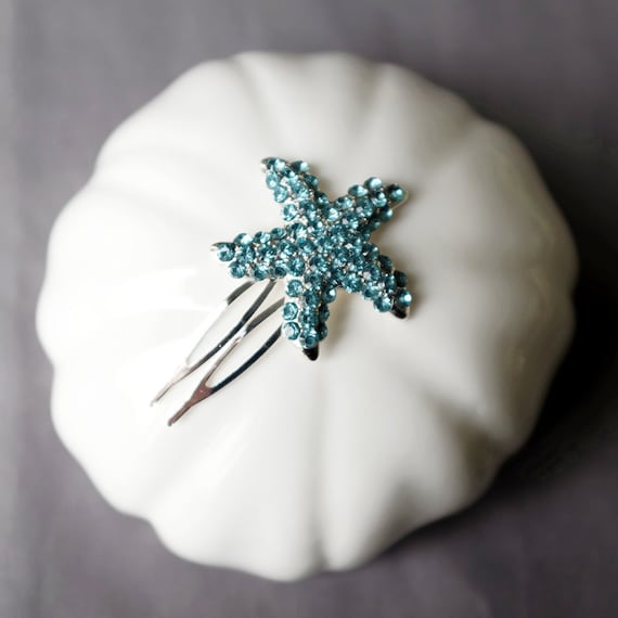 etsy bridal haor accessories star fish Aqua Blue Bridal Rhinestone Hair Comb Crystal Starfish Hair Comb Hair Clip Wedding Hair Accessories Beach Wedding CM098LX