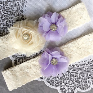 Wedding Garter Set Bridal Garter Set Lavender Purple Lace Garter Set Ivory Rhinestone Crystal Lace Garter GR131LX