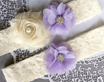 Wedding Garter Set Bridal Garter Set Lavender Purple Lace Garter Set Ivory Rhinestone Crystal Lace Garter GR131LX