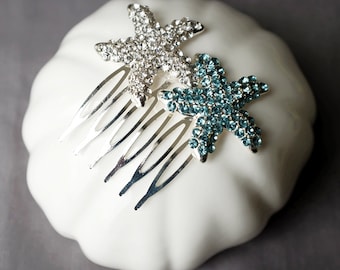 Bridal Aqua Blue Rhinestone Hair Comb Wedding Crystal Starfish Hair Clip Wedding Hair Accessories Beach Wedding Jewelry CM095LX