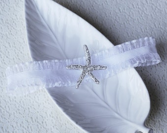 Wedding Garter Bridal Garter Set White Lace Garter Belt Rhinestone Crystal Starfish Garter Belt Beach Wedding GR025LX