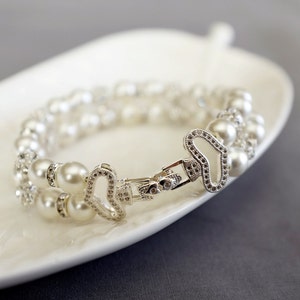 Bridal Pearl Rhinestone Bracelet Crystal Bracelet White Gold Filled Crystal Clasp Wedding Jewelry White or Ivory Pearl BL069LX