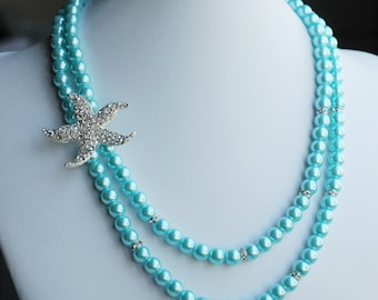 Bridal Pearl Rhinestone Necklace Crystal Beach Wedding Jewelry STARFISH Something Blue Teal Blue Turquoise Aqua Blue NK045LX