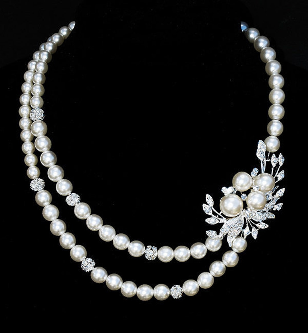 Bridal Pearl Rhinestone Necklace Double Strand Crystal Wedding Jewelry
