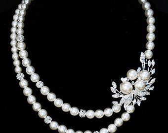 Bridal Pearl Rhinestone Necklace Double Strand Crystal Wedding Jewelry BELLINI Collection US NK007LX