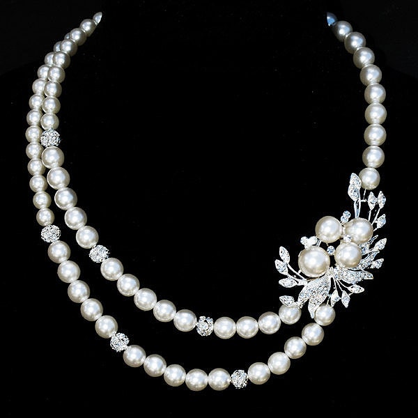 Bridal Pearl Rhinestone Necklace Double Strand Crystal Wedding Jewelry BELLINI Collection US NK007LX