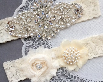 Wedding Garter Belt Set Bridal Garter Set Ivory Lace Garter Belt Lace Garter Set Rhinestone Crystal Pearl Center Garter GR136LX