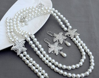 Bridal Pearl Rhinestone Necklace Bracelet Earring Crystal STARFISH White Or Ivory Beach Wedding Jewelry Set ST009LX