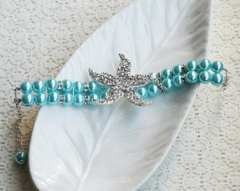 Bridal Pearl Rhinestone Bracelet STARFISH Crystal Beach Wedding Jewelry Something Blue Turquoise Teal Blue Aqua Blue BL039LX