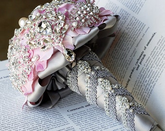 Luxury Vintage Bridal Brooch Bouquet - Pearl Rhinestone Crystal - Silver Light Blush Pink Grey - BB018LX