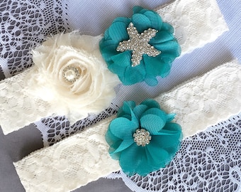 Wedding Garter Bridal Garter Set TURQUOISE BLUE Lace Garter Set Ivory Rhinestone Crystal Starfish Garter Beach Wedding GR121LX