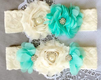 Wedding Garter Bridal Garter TEAL BLUE Garter Set Lace Garter Ivory Rhinestone Crystal Pearl Garter Beach Wedding GR092LX