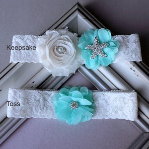 Wedding Garter Bridal Garter TEAL BLUE Garter Set Lace Garter Ivory Rhinestone Crystal Starfish Garter Beach Wedding GR107LX image 2