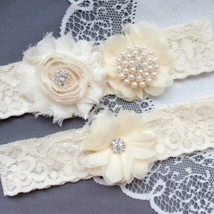 Wedding Garter Belt Set Bridal Garter Set Ivory Lace Garter Belt Lace Garter Set Rhinestone Crystal Pearl Center Garter GR178LX