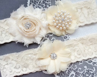 Wedding Garter Belt Set Bridal Garter Set Ivory Lace Garter Belt Lace Garter Set Rhinestone Crystal Pearl Center Garter GR178LX