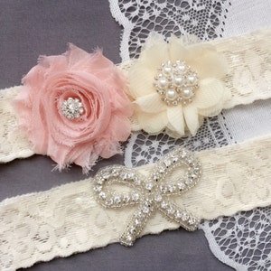 Wedding Garter Bridal Garter Peach Pink Garter Set Lace Garter Set Ribbon Bow Rhinestone Crystal Pearl Garter Princess GR177LX image 1