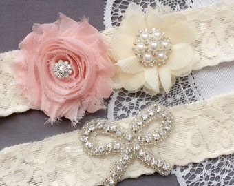 Wedding Garter Bridal Garter Peach Pink Garter Set Lace Garter Set Ribbon Bow Rhinestone Crystal Pearl Garter Princess GR177LX