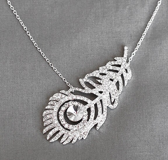 Bridal Rhinestone Necklace with Sterling Silver Chain Peacock Feather Wedding Crystal Jewelry NK029LX