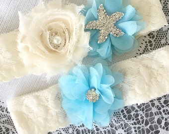 Hochzeit Strumpfband Bridal Garter Licht blau Garter Set Spitze Strumpfband Elfenbein Strass Crystal Starfish Garter Strand Hochzeit GR120LX