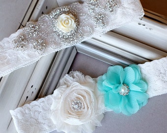 Wedding Garter Bridal Garter TEAL BLUE Garter Set Lace Garter Ivory Rhinestone Crystal Center Garter Beach Wedding GR110LX