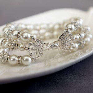 Bridal Pearl Rhinestone Bracelet Crystal Bracelet White Gold Filled Crystal Clasp Wedding Jewelry White or Ivory Pearl BL070LX