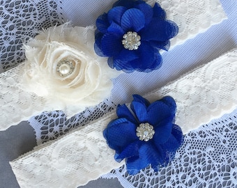 Wedding Garter Set Bridal Garter Set Royal Dark Blue Lace Garter Set Ivory Rhinestone Crystal Lace Garter Beach Wedding GR125LX