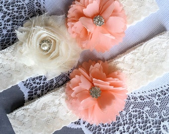 Wedding Garter Set Bridal Garter Set Peach Pink Lace Garter Set Ivory Rhinestone Crystal Lace Garter Beach Wedding GR126LX