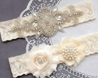 Wedding Garter Belt Set Bridal Garter Set Ivory Lace Garter Belt Lace Garter Set Rhinestone Crystal Pearl Center Garter GR138LX