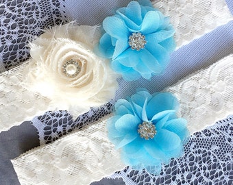 Wedding Garter Set Bridal Garter Set LIGHT BLUE Lace Garter Set Ivory Rhinestone Crystal Lace Garter Beach Wedding GR123LX