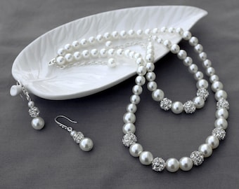 Bridal Pearl Rhinestone Necklace Bracelet Earring Jewelry Set Crystal Wedding Jewelry Set White or Ivory Pearl ST006LX