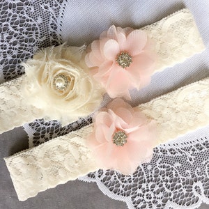 Wedding Garter Set Bridal Garter Set Baby Pale Pink Lace Garter Set Ivory Rhinestone Crystal Lace Garter GR128LX