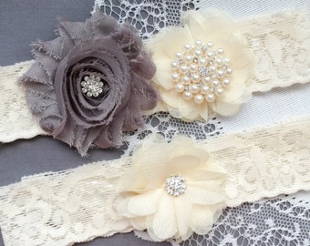 Wedding Garter Belt Set Bridal Garter Set Ivory Lace Garter Belt Grey Flower Garter Set Rhinestone Crystal Pearl Garter GR179LX