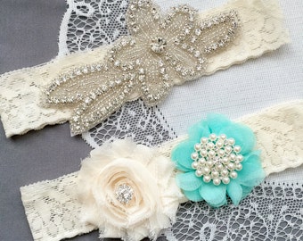 Wedding Garter Bridal Garter TEAL BLUE Garter Set Lace Garter Ivory Rhinestone Crystal Pearl Garter Beach Wedding GR151LX