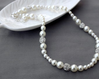SALE Bridal Pearl Rhinestone Necklace Crystal Wedding Jewelry White or Ivory NK058LX