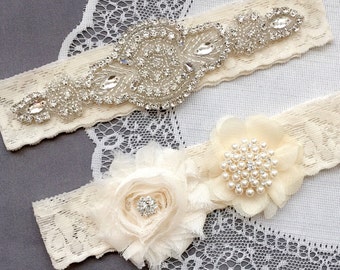 Wedding Garter Belt Set Bridal Garter Set Ivory Lace Garter Belt Lace Garter Set Rhinestone Crystal Pearl Center Garter GR137LX