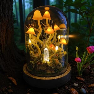 Enchanted Mushroom Forest Night Light with Glowing Crystal - Fantasy Fairy Tale Decor
