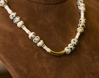 Gold Plated Jasper Choker, White Coral Gemstone Necklace, Handmade Beaded Jewelry, Spiritual Healing Necklace, Gift for Her