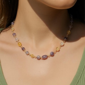 Elegante gargantilla hecha a mano con cristal de citrino, diseño de collar con piedra de cuarzo rosa, colección de joyería con dijes de piedras preciosas, regalo de Navidad para mujer