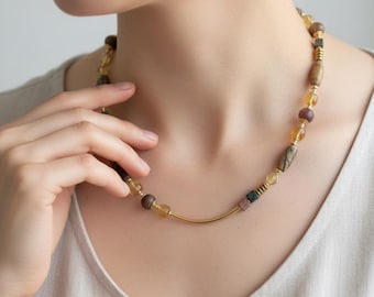 Natural Citrine Pendant Necklace, Handmade Chakra Crystal Jewelry, Healing Gemstone Statement Choker, Spiritual Boho Gift for Mom