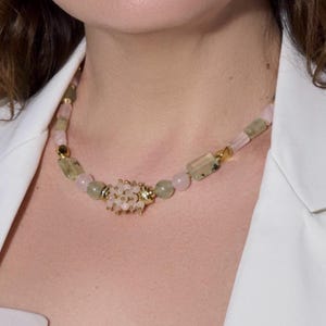 Energy Jewelry, Clear Quartz Necklace, Natural Gemstone Choker, Prehnite Choker Necklace, Rose Quartz Crystal Necklace, Christmas Gift