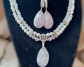 Elegant Chakra Pendant Necklace Set, Rose Quartz Gemstone Earrings Design, Nature Inspired Christmas Gift Idea, Luxury Handmade Jewelry