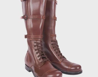Botas de montar de cuero hechas a mano de la caballería estadounidense, botas ecuestres militares con hebilla.
