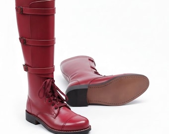 Handmade Red Leather Boots for Women, Tall Knee High Lace Up Boots, Triple Buckle Victorian Boots, Genuine Leather Steampunk Riding Boots.