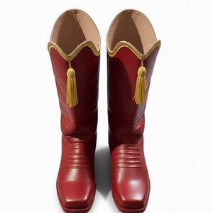 May include: A pair of red leather boots with a square toe. The boots have a gold trim around the top and a gold tassel. The interior of the boot is tan. The boots are on a white background.