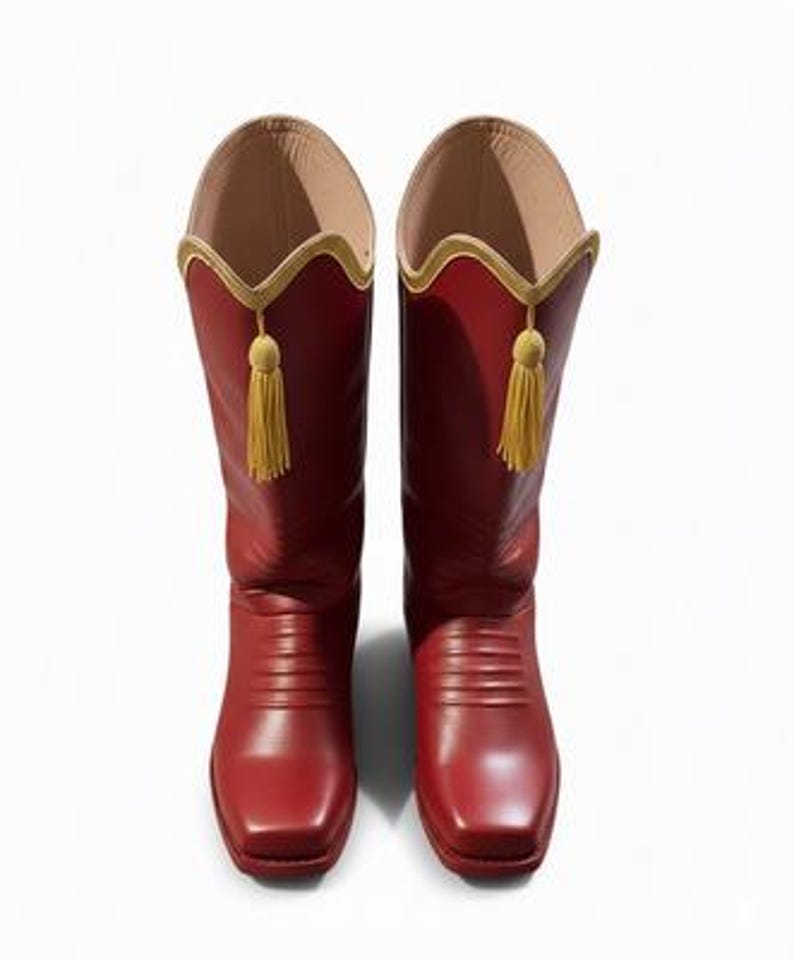 May include: A pair of red leather boots with a square toe. The boots have a gold trim around the top and a gold tassel. The interior of the boot is tan. The boots are on a white background.
