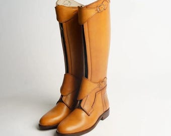 Handmade Tan Leather Riding Boots for Men, Custom Tall Equestrian Boots, Men's Long Leather Boots with Buckle Detail, Polo & Hunting Boots.