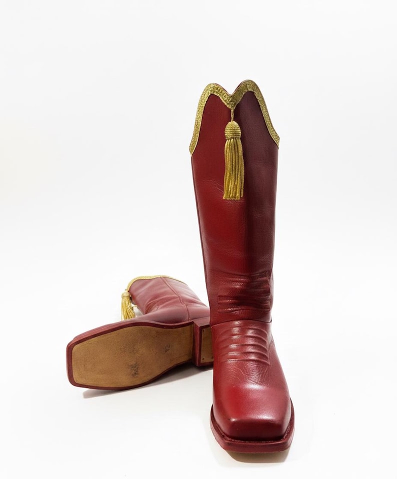 Handmade Red Leather Boots, Gold Tassel, Ottoman Style Folk Dance Footwear image 1